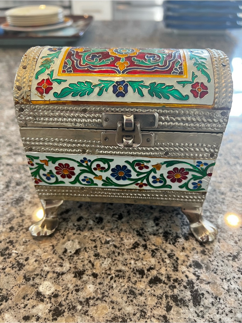 Vtg cloisonné Hand-Painted Floral Jewelry Box - Multicolor Enamel Accent